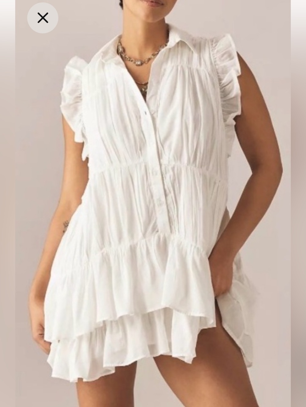 Anthropologie White Ruffled Tiered Button-Front Tunic